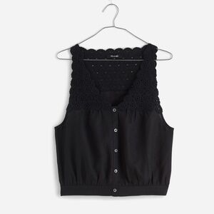 Madewell Embroidered Linen V Neck Bubble Top Cropped Black Sz 6